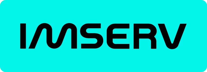 IMServ logo in bold black letters on a bright cyan background. The M is stylized with a wave-like curve.