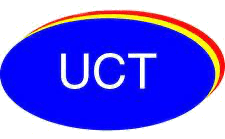 A blue oval with the white letters UCT in the center, and red and yellow arcs along the upper right edge.