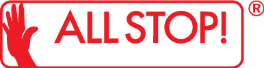 Red text ALL STOP! with a red hand symbol on the left and a registered trademark symbol on the top right, on a light background.