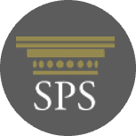 A gold classical column capital above the white letters SPS on a dark gray circular background.