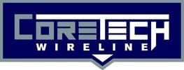 Logo for CoreTech Wireline with bold, stylized white and blue text on a dark blue and gray background.