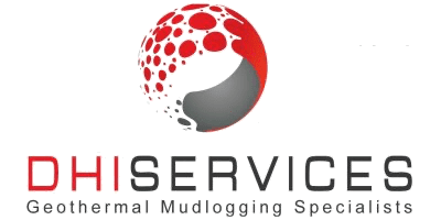 Logo for DHI Services features a red, gray, and white circular abstract symbol above the text “Geothermal Mudlogging Specialists.”.