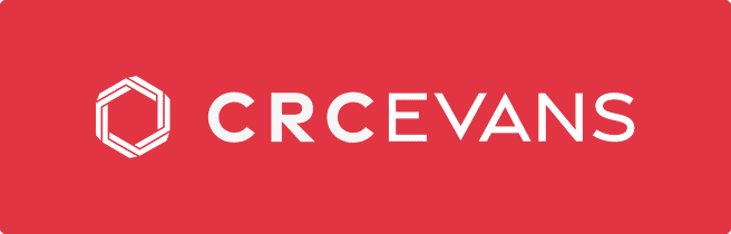 CRC Evans logo with a white hexagonal design to the left of the company name, partnered with Bluewater, on a solid red background.