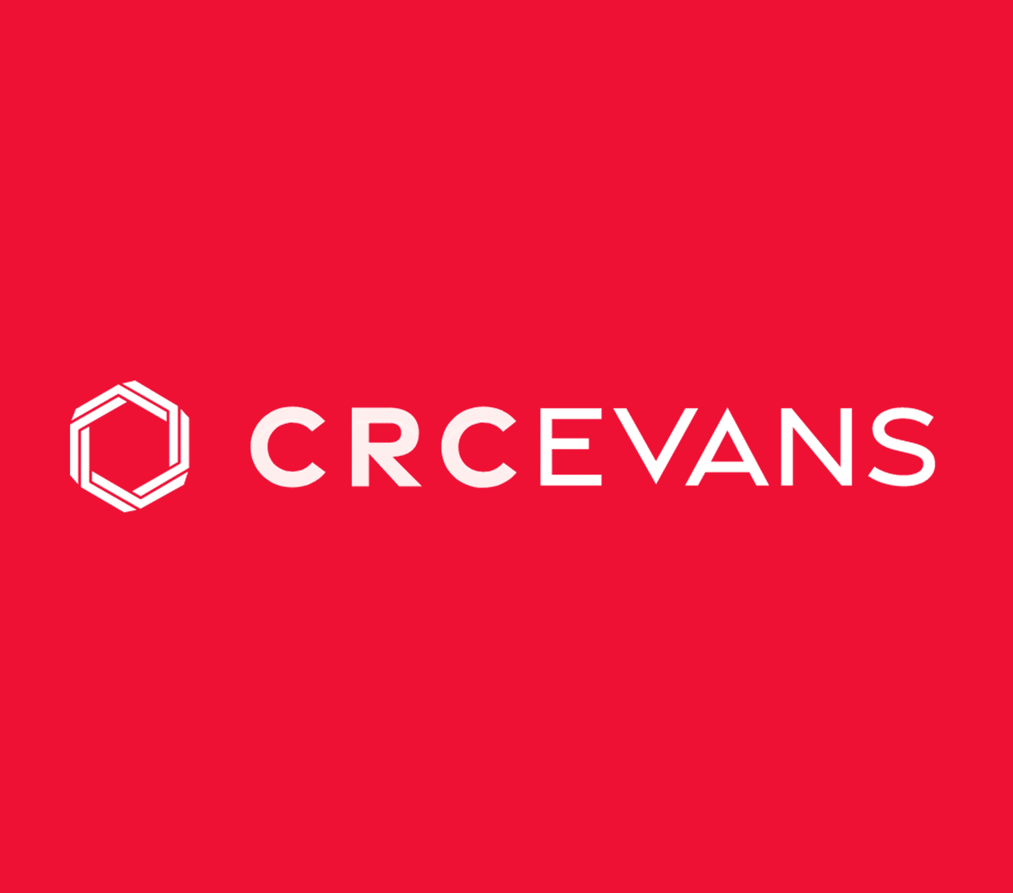 White geometric logo and the text CRC EVANS in uppercase on a solid red background, designed for Bluewater branding.